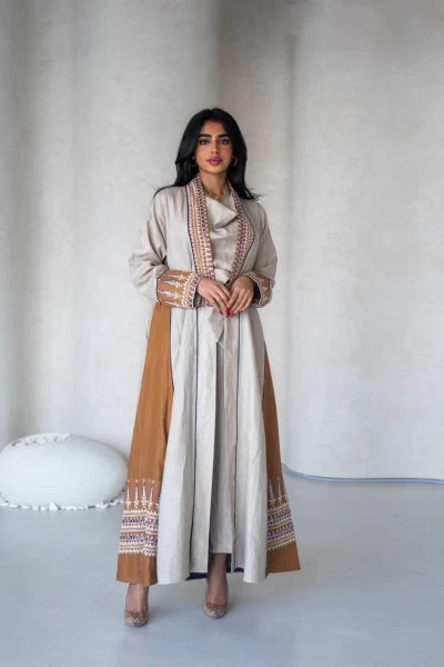 Linen Abaya in light beige with embroidery IB278 Light Beige