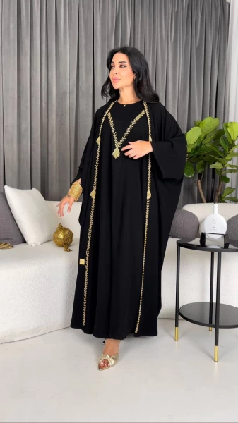 Bisht Abaya with Dress, Black IB248