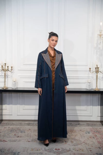 Navy linen blazer abaya with embroidery C:IB329 Navy